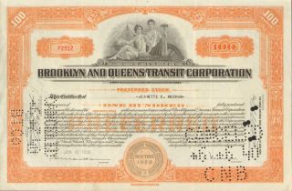 Brooklyn And Queens Transit 1938 York Stock Certificate Orange Share photo
