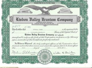 Lisbon Valley Uranium Company. . . . . .  1957 Stock Certificate photo