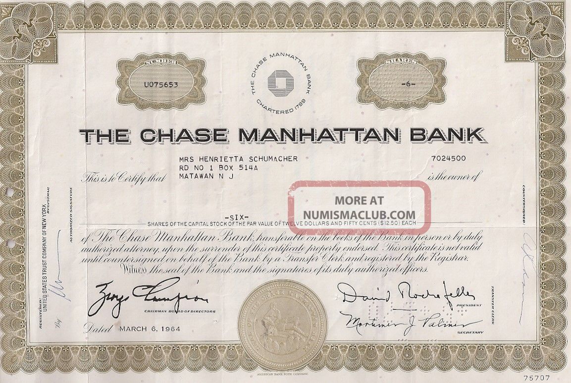 The Chase Manhattan Bank. . . . . . . 1964 Stock Certificate