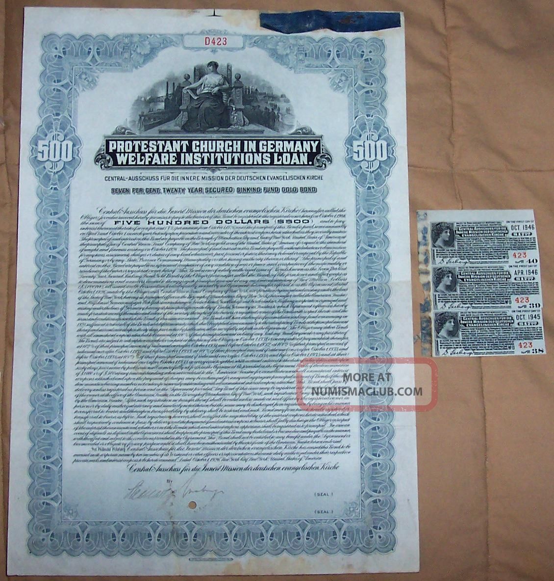 Protestant Church Germany 7% Sinking Fund Gold Bond Loan 1926 $500 Coup Scarce World photo