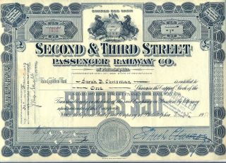 Second & Third Street Passenger Railway Co.  Of Philadelphia Stock Certificate Rr photo