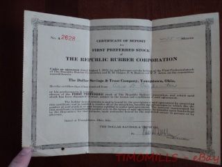 1921 Republic Rubber Corporation First Preferred Stock Certificate Deposit Ohio photo