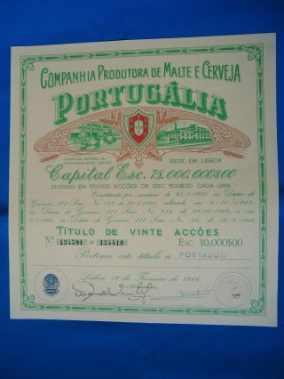 Portugal Share Comp.  Prod.  Malte Cerveja Portugalia 10000 Escudos 1966 Look Scans photo
