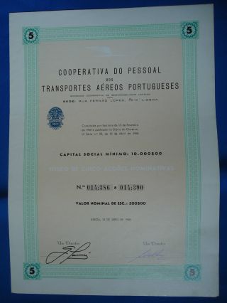 Portugal Share Coop.  P.  Trans.  Aereos Portugueses Tap 500 Escudos 1968 Look Scans photo