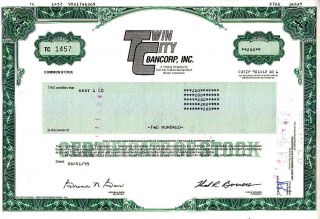 Twin City Bancorp Inc Tn 1995 Stock Certificate photo