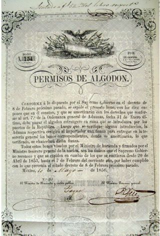 Mexico Mexican 1856 Permiso De Algodon 100 Quintales Bond Share Loan photo