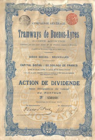 Argentina Bond Tramways Buenos Aires 1907 Dividende Deco Belgium Issue photo
