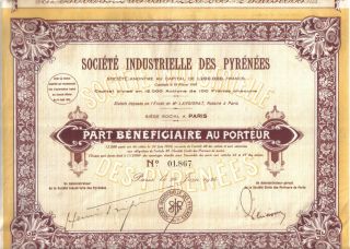 France Societe Industrielle Des Pyrenees 1924 Part Benef Coupons Uncancelled photo