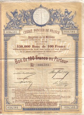 France State Bond Credit Foncier Loan 1888 100 Francs Uncancelled Deco photo