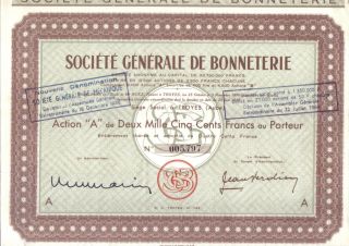 France 1950 Societe Generale Bonneterie Action A 2.  500 Fr Coupons Troyes Aube photo