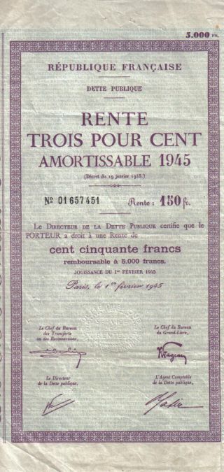France State 3% Bond Public Debt Rente 1945 150 Francs Uncancelled Coup photo