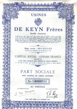 Belgium 1948 Factories Usines De Keyn Freres Co Part Sociale Coupons Uncancelled photo