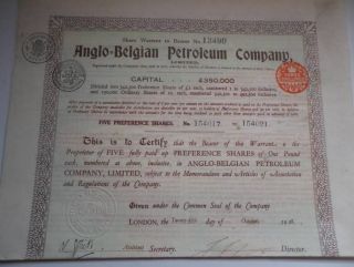 Uk Gb Belgium 1928 Anglo Belgian Petroleum Company 5 Shares £5 Uncancelled Coup photo