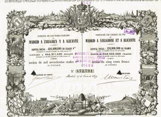 Spain Madrid,  Zaragoza,  Alicante Railway Stock Certificate 1899 photo