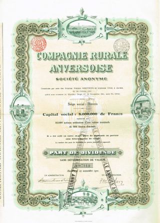 Belgium Rural Cattle Company Stock Certificate 1911 photo