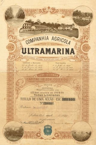 Portugal Ultramarina Agriculture Company Stock Certificate 1922 photo