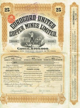 Bolivia Corocoro Copper Mines Stock Certificate 1911 25 Sh photo