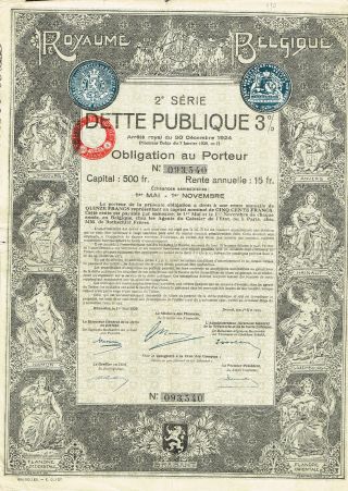 Belgium Public Debt Bond Stock Certificate 1925 photo