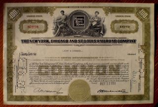 Nickel Plate Railroad; 1951 Stock Certificare,  100 Shares (green), photo