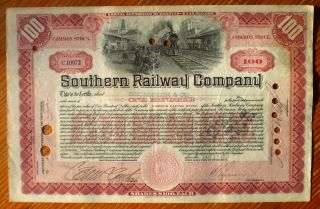 Southern Railroad Co.  1917 Stock Certificare,  Scarce 100 Share (red), photo