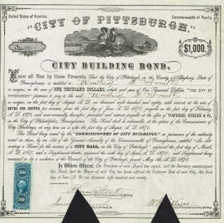 Usa City Of Pittsburgh Building Bond Stock Certificate 1870 photo