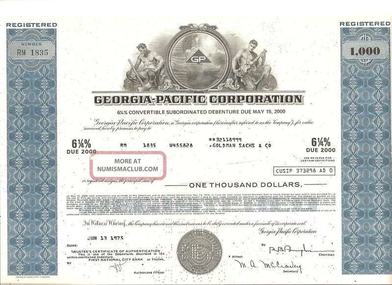 Georgia - Pacific Debenture Bond Certificate From 1975