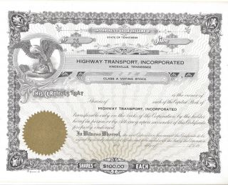 Highway Transport,  Incorporated (knoxville,  Tenn). . . . .  Unissued Stock Certificate photo