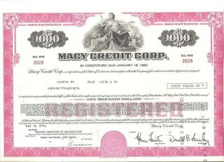 Macy Credit Corp Debenture Bond Certificate From 1976 photo
