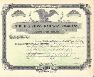 The Big Stony Railway Company. . . .  1890 ' S Unissued Stock Certificate photo