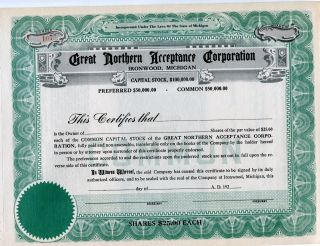 Ironwood,  Mi,  Great Northern Acceptance Corp. ,  1929 Unissued Certificate photo