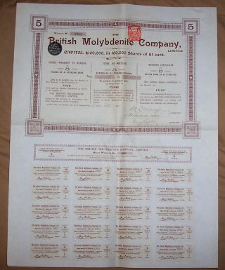 Uk Gb Bond 1906 British Molybdenite Company 5 Shares £5 Coupons Uncancelled photo