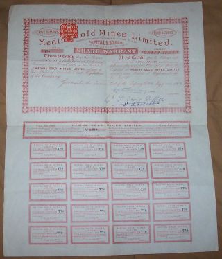 Uk Gb Bond 1905 Medina Gold Mines Limited 5 Shares £5 Coupons Uncancelled photo