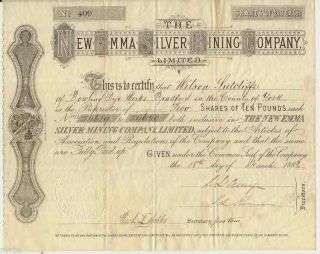 The Emma Silver Mining Company,  Ltd Of London Stock Certificate,  1889 photo