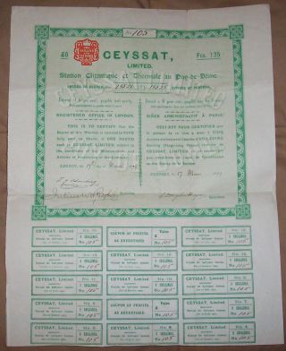 Uk Gb 1899 Ceyssat Ltd Thermale Spa Puy De Dome 5 Shares £5 Coupons Uncancelled photo