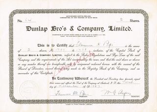 Canada Dunlap Bro ' S & Company Stock Certificate Hardware Nova Scotia photo