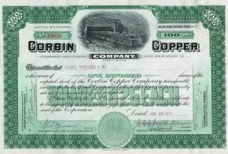 Usa Corbin Copper Company Stock Certificate 1913 photo