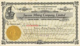 Usa Succes Mining Company Stock Certificate 1916 photo