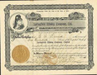 Usa Springfield Mining Company Stock Certificate 1911 photo