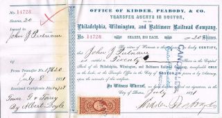 Usa Philadelphia Wilmington Baltimore Railroad Stock Certificate 1871 photo