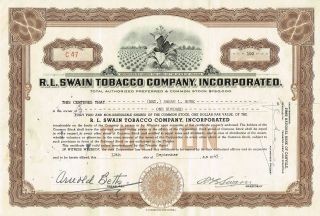 Usa R.  L.  Swain Tobacco Company Stock Certificate photo