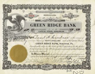 Usa Green Ridge Bank Stock Certificate 1929 photo
