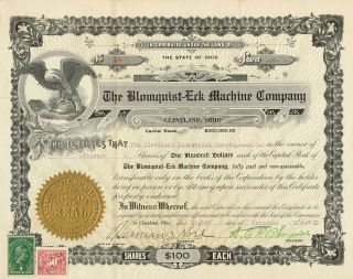 Usa Blomquist Erk Machine Company Stock Certificate 1919 photo