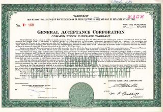 General Acceptance Corporation Pa 1966 Stock Warrant Certificate photo