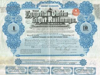 Egypt The Egyptian Delta Light Railways Stock Certificate 1905 W/coupons photo