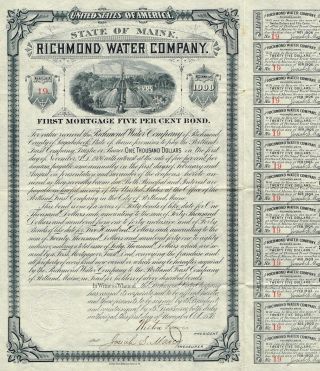 Usa Richmond Water Company Bond Stock Certificate 1886 photo