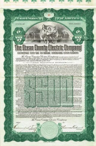 Usa Ocean County Electric Company Bond Stock Certificate 1919 $500 photo