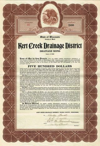 Usa Kert Creek Drainage District Bond Stock Certificate 1919 Wisconsin photo