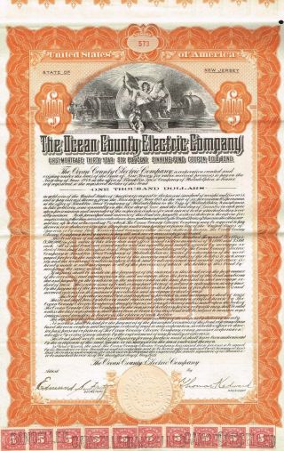 Usa Ocean County Electric Company Bond Stock Certificate 1919 $1000 photo