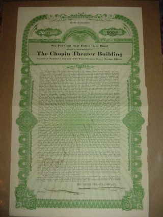 1917 The Chopin Theater Building Bond Stock Certificate Chicago Illinois photo