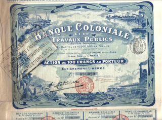 France 1907 Bank Banque Colonial & Public 100 Fr Top Deco Uncancelled Coup photo